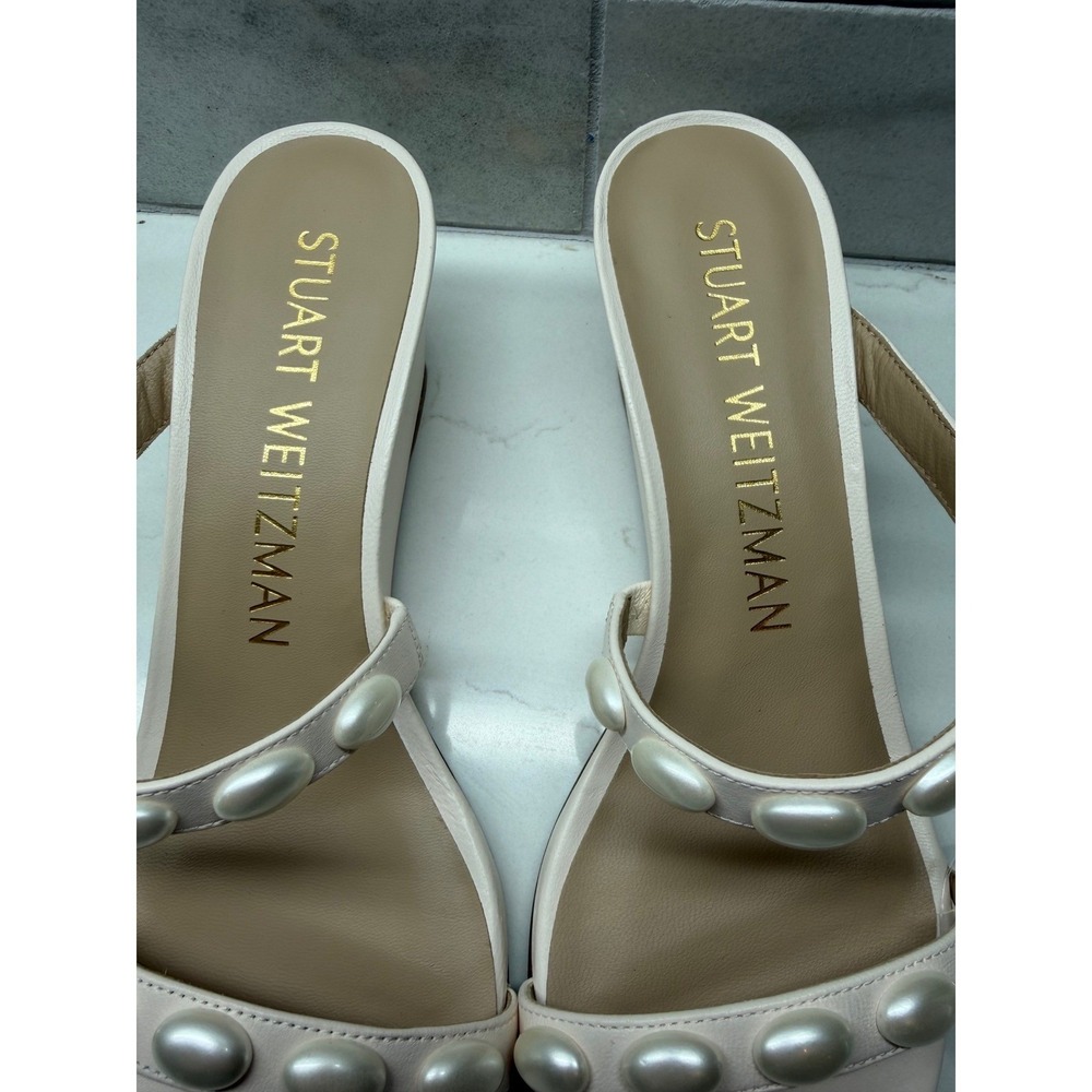 Stuart Weitzman Pearl Embellished Leather Wedge Sandals  Size 8B - Picture 5 of 10